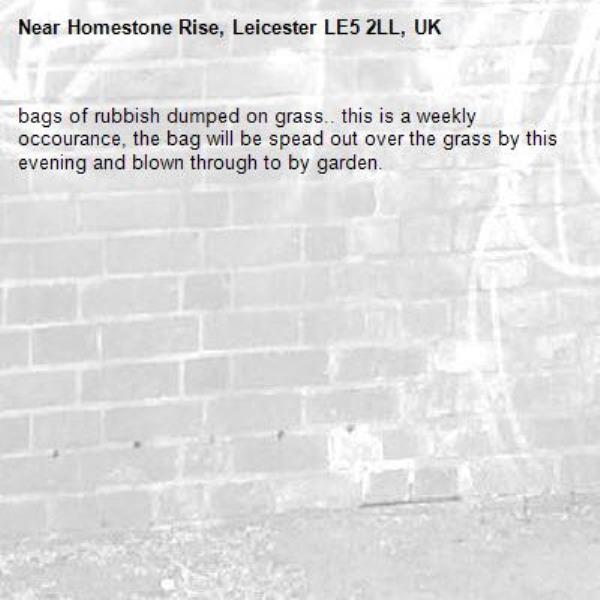 bags of rubbish dumped on grass.. this is a weekly occourance, the bag will be spead out over the grass by this evening and blown through to by garden.-Homestone Rise, Leicester LE5 2LL, UK