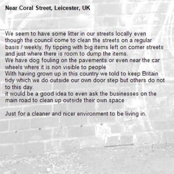 We seem to have some litter in our streets locally even though the council come to clean the streets on a regular basis / weekly, fly tipping with big items left on corner streets and just where there is room to dump the items.
We have dog fouling on the pavements or even near the car wheels where it is non visible to people
With having grown up in this country we told to keep Britain tidy which we do outside our own door step but others do not to this day. 
it would be a good idea to even ask the businesses on the main road to clean up outside their own space
 
Just for a cleaner and nicer environment to be living in. 

-Coral Street, Leicester, UK