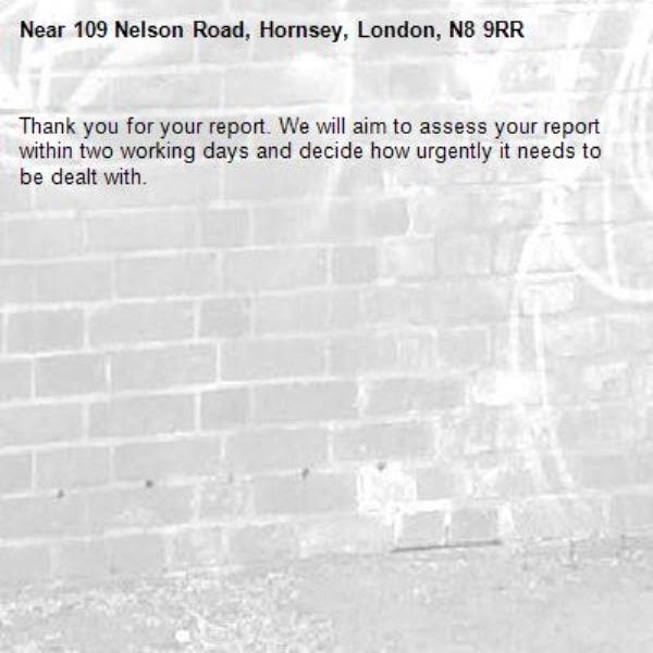 Thank you for your report. We will aim to assess your report within two working days and decide how urgently it needs to be dealt with.-109 Nelson Road, Hornsey, London, N8 9RR