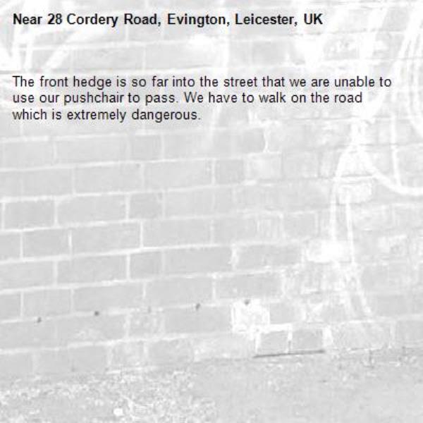 The front hedge is so far into the street that we are unable to use our pushchair to pass. We have to walk on the road which is extremely dangerous.-28 Cordery Road, Evington, Leicester, UK