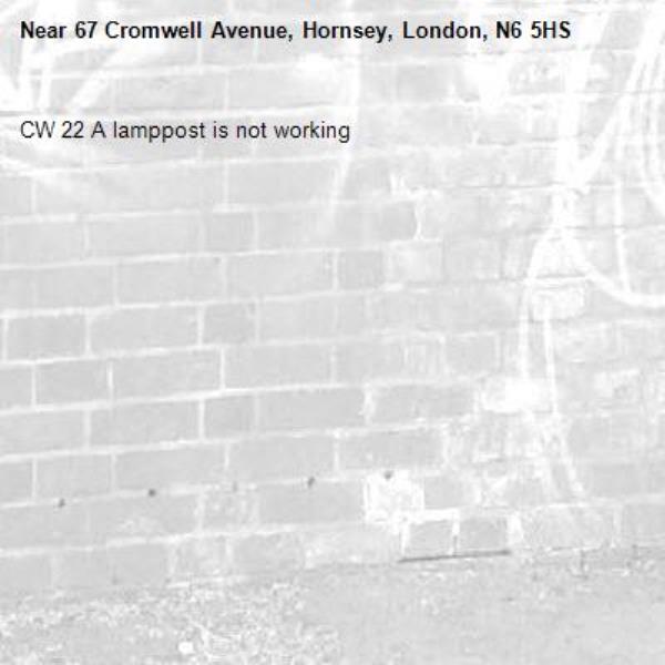 CW 22 A lamppost is not working -67 Cromwell Avenue, Hornsey, London, N6 5HS