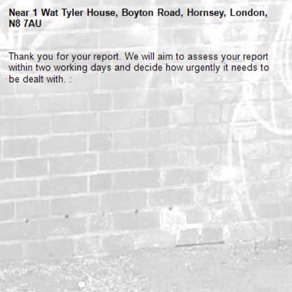 Thank you for your report. We will aim to assess your report within two working days and decide how urgently it needs to be dealt with. : -1 Wat Tyler House, Boyton Road, Hornsey, London, N8 7AU