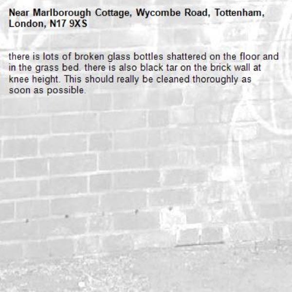 there is lots of broken glass bottles shattered on the floor and in the grass bed. there is also black tar on the brick wall at knee height. This should really be cleaned thoroughly as soon as possible.-Marlborough Cottage, Wycombe Road, Tottenham, London, N17 9XS
