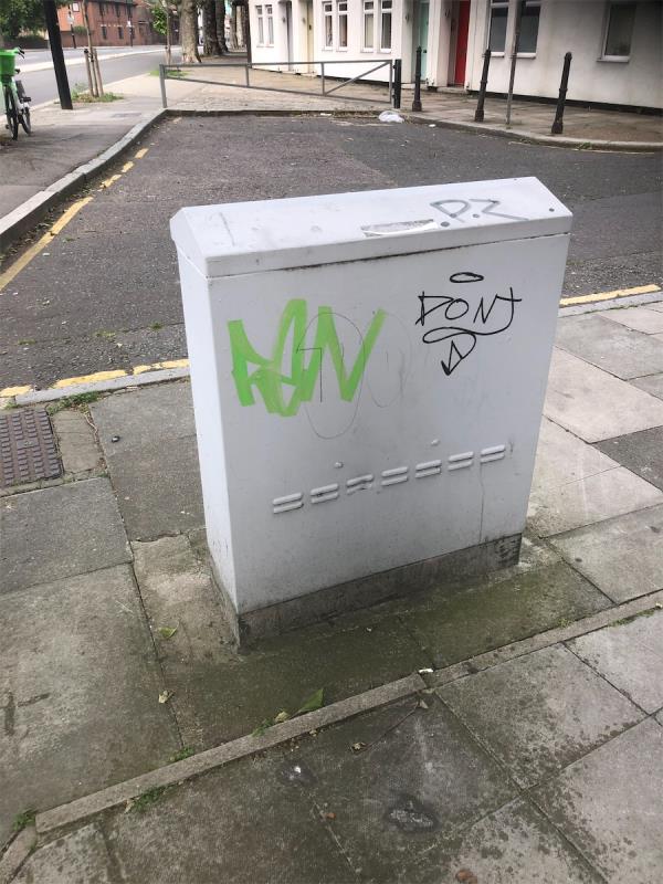 Junction of McMillian Street. Remove graffiti from grey cabinet -Creek Road, London