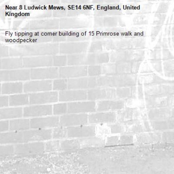 Fly tipping at corner building of 15 Primrose walk and woodpecker -8 Ludwick Mews, SE14 6NF, England, United Kingdom