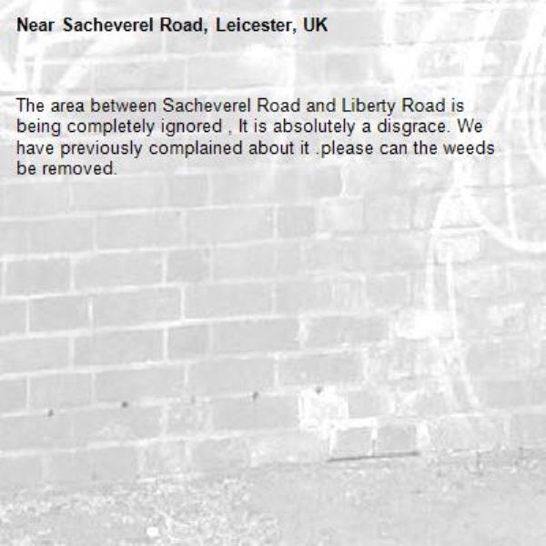 The area between Sacheverel Road and Liberty Road is being completely ignored , It is absolutely a disgrace. We have previously complained about it .please can the weeds be removed.
  -Sacheverel Road, Leicester, UK
