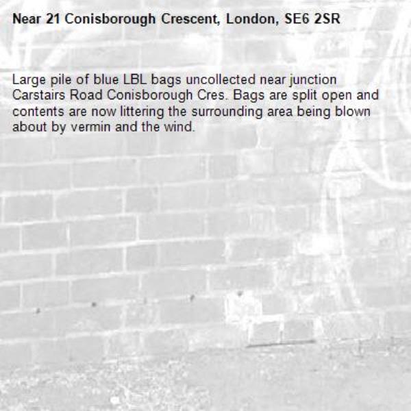 Large pile of blue LBL bags uncollected near junction Carstairs Road Conisborough Cres. Bags are split open and contents are now littering the surrounding area being blown about by vermin and the wind. -21 Conisborough Crescent, London, SE6 2SR