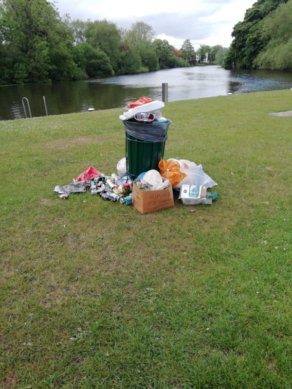 Litter bins overflowing with waste plus glass -Caversham Lock House Thames Side, Reading, RG1 8BP