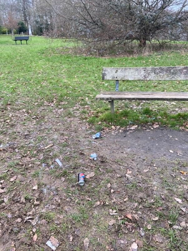 Litter around bench and in bush behind bench-Prospect Park Pavilion Liebenrood Road, RG30 2ND, England, United Kingdom