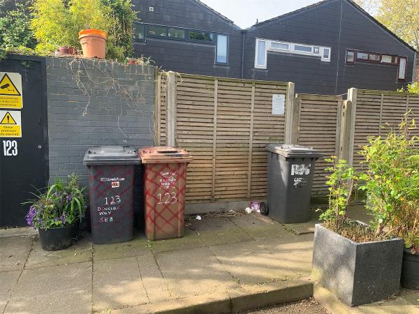 Bins to rear of 123 and 125 Douglas Way in Turnpike Close have not been emptied for 3 weeks. Only recycling bins have been emptied.-Margaret Macmillan Park