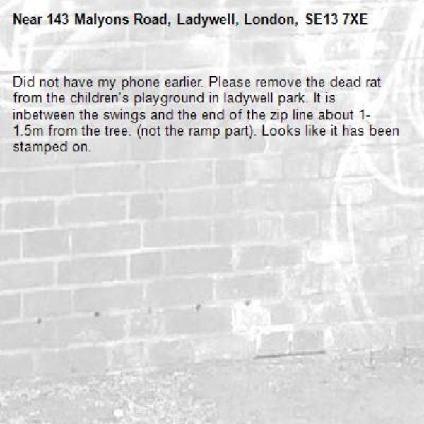 Did not have my phone earlier. Please remove the dead rat from the children's playground in ladywell park. It is inbetween the swings and the end of the zip line about 1-1.5m from the tree. (not the ramp part). Looks like it has been stamped on.-143 Malyons Road, Ladywell, London, SE13 7XE