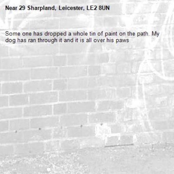 Some one has dropped a whole tin of paint on the path. My dog has ran through it and it is all over his paws-29 Sharpland, Leicester, LE2 8UN