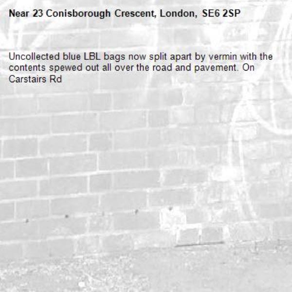 Uncollected blue LBL bags now split apart by vermin with the contents spewed out all over the road and pavement. On Carstairs Rd -23 Conisborough Crescent, London, SE6 2SP