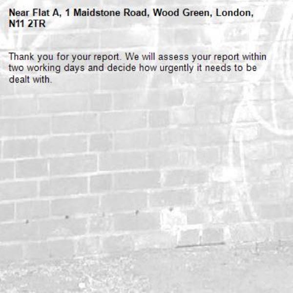 Thank you for your report. We will assess your report within two working days and decide how urgently it needs to be dealt with.-Flat A, 1 Maidstone Road, Wood Green, London, N11 2TR