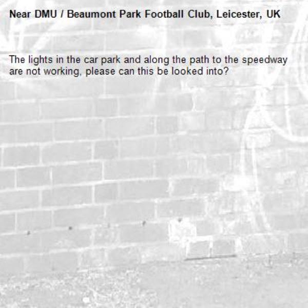 The lights in the car park and along the path to the speedway are not working, please can this be looked into?-DMU / Beaumont Park Football Club, Leicester, UK