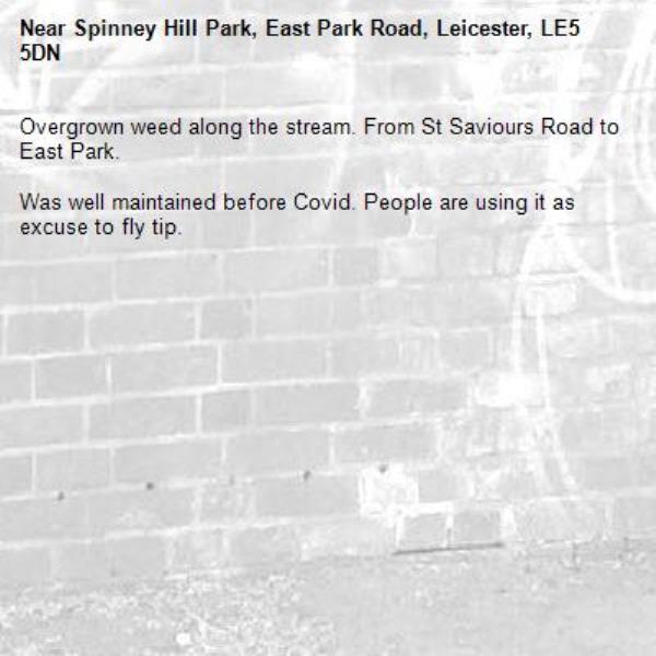 Overgrown weed along the stream. From St Saviours Road to East Park. 

Was well maintained before Covid. People are using it as excuse to fly tip.-Spinney Hill Park, East Park Road, Leicester, LE5 5DN