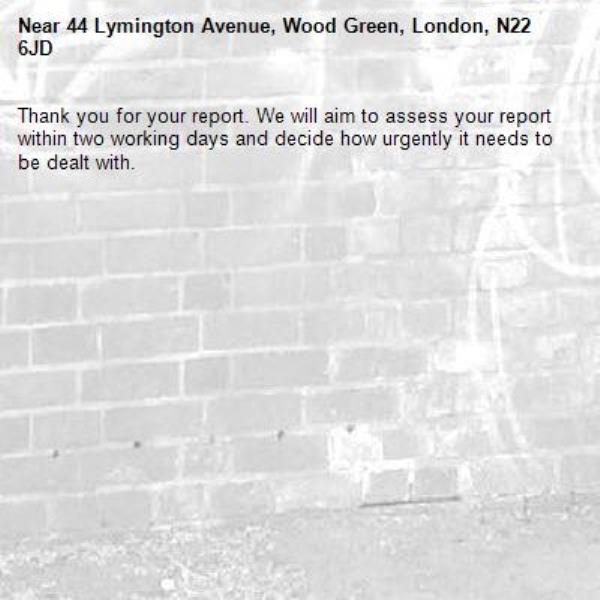 Thank you for your report. We will aim to assess your report within two working days and decide how urgently it needs to be dealt with.-44 Lymington Avenue, Wood Green, London, N22 6JD
