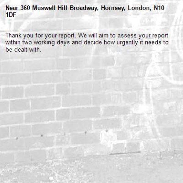 Thank you for your report. We will aim to assess your report within two working days and decide how urgently it needs to be dealt with.-360 Muswell Hill Broadway, Hornsey, London, N10 1DF
