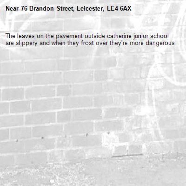 The leaves on the pavement outside catherine junior school are slippery and when they frost over they&#39;re more dangerous -76 Brandon Street, Leicester, LE4 6AX