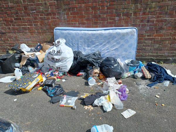 Mattress, cardboard boxes and household waste fly tipped outside Crosby House, Crosby Road, E7.-Crosby House, Crosby Road, Forest Gate, London, E7 9HX