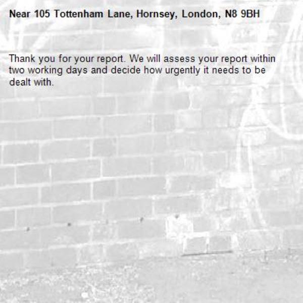 Thank you for your report. We will assess your report within two working days and decide how urgently it needs to be dealt with.-105 Tottenham Lane, Hornsey, London, N8 9BH