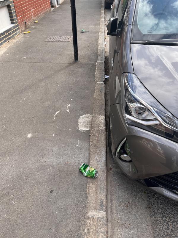 Alcohol cans outside 79 Lathom Road again by a persistent litter throwing alcohol man bald and eastern European. Dumps cans daily basis on Lathom road please investigate and fine this man as littering Lathom Road daily.-81 Lathom Road, East Ham, London, E6 2EB