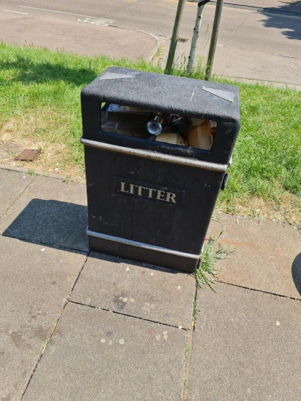 None of the bins have been empties, rubbish overflowing everywhere, glass, cans, hazardous-Downing Drive, Leicester