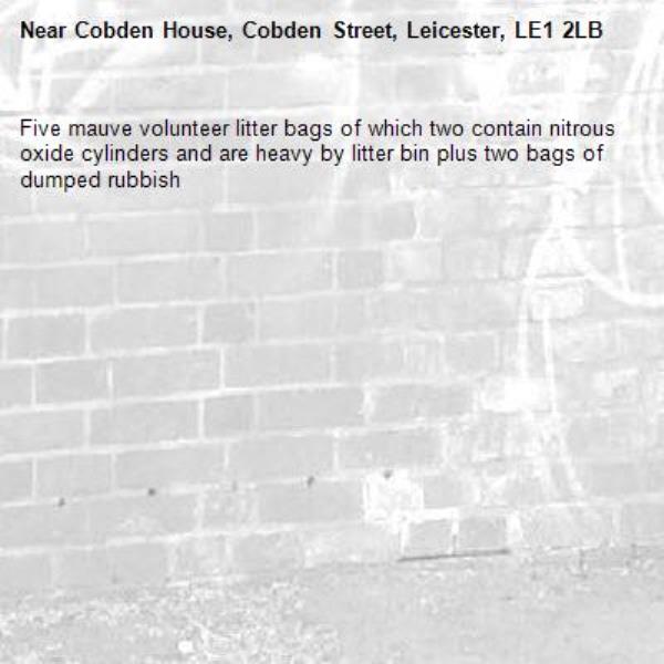 Five mauve volunteer litter bags of which two contain nitrous oxide cylinders and are heavy by litter bin plus two bags of dumped rubbish -Cobden House, Cobden Street, Leicester, LE1 2LB