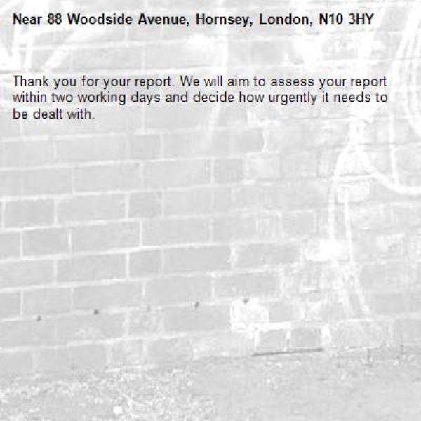 Thank you for your report. We will aim to assess your report within two working days and decide how urgently it needs to be dealt with.-88 Woodside Avenue, Hornsey, London, N10 3HY