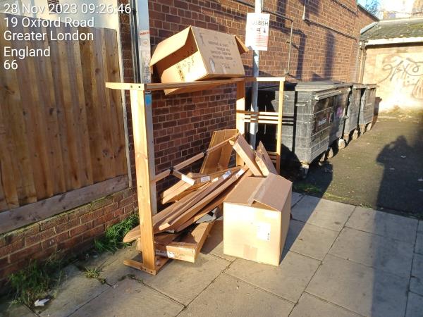 Next to the no flytipping sign next to the big playground,  5 -35 Oxford Road. -18 Oxford Road, Stratford, London, E15 1DD