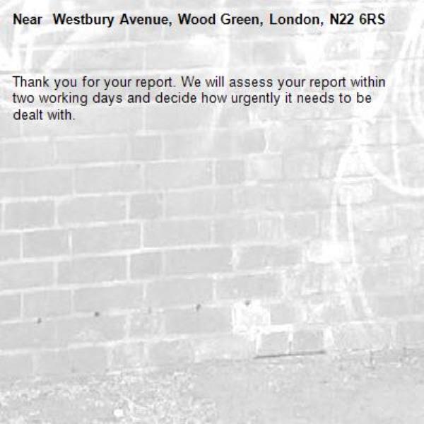 Thank you for your report. We will assess your report within two working days and decide how urgently it needs to be dealt with.- Westbury Avenue, Wood Green, London, N22 6RS