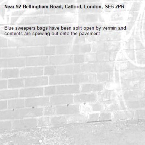 Blue sweepers bags have been split open by vermin and contents are spewing out onto the pavement -92 Bellingham Road, Catford, London, SE6 2PR