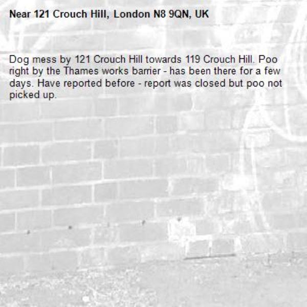Dog mess by 121 Crouch Hill towards 119 Crouch Hill. Poo right by the Thames works barrier - has been there for a few days. Have reported before - report was closed but poo not picked up.-121 Crouch Hill, London N8 9QN, UK
