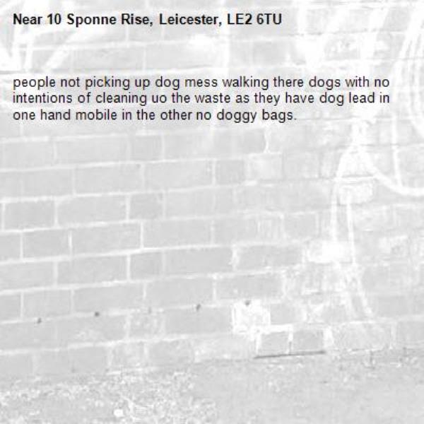 people not picking up dog mess walking there dogs with no intentions of cleaning uo the waste as they have dog lead in one hand mobile in the other no doggy bags.-10 Sponne Rise, Leicester, LE2 6TU