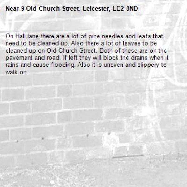 On Hall lane there are a lot of pine needles and leafs that need to be cleaned up. Also there a lot of leaves to be cleaned up on Old Church Street. Both of these are on the pavement and road. If left they will block the drains when it rains and cause flooding. Also it is uneven and slippery to walk on . -9 Old Church Street, Leicester, LE2 8ND
