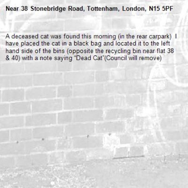 A deceased cat was found this morning (in the rear carpark)  I have placed the cat in a black bag and located it to the left hand side of the bins (opposite the recycling bin near flat 38 &amp; 40) with a note saying “Dead Cat”(Council will remove)-38 Stonebridge Road, Tottenham, London, N15 5PF