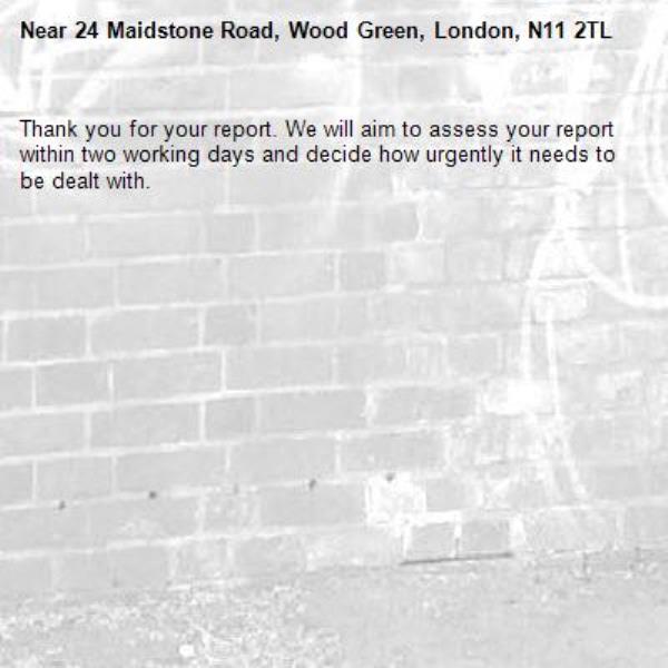 Thank you for your report. We will aim to assess your report within two working days and decide how urgently it needs to be dealt with.-24 Maidstone Road, Wood Green, London, N11 2TL
