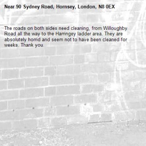 The roads on both sides need cleaning, from Willoughby Road all the way to the Harringey ladder area. They are absolutely horrid and seem not to have been cleaned for weeks. Thank you.-90 Sydney Road, Hornsey, London, N8 0EX
