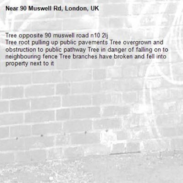 Tree opposite 90 muswell road n10 2lj 
Tree root pulling up public pavements Tree overgrown and obstruction to public pathway Tree in danger of falling on to neighbouring fence Tree branches have broken and fell into property next to it-90 Muswell Rd, London, UK