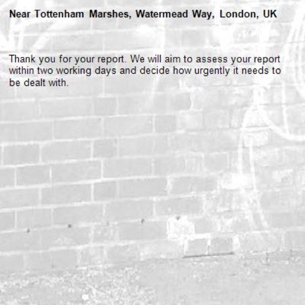 Thank you for your report. We will aim to assess your report within two working days and decide how urgently it needs to be dealt with.-Tottenham Marshes, Watermead Way, London, UK