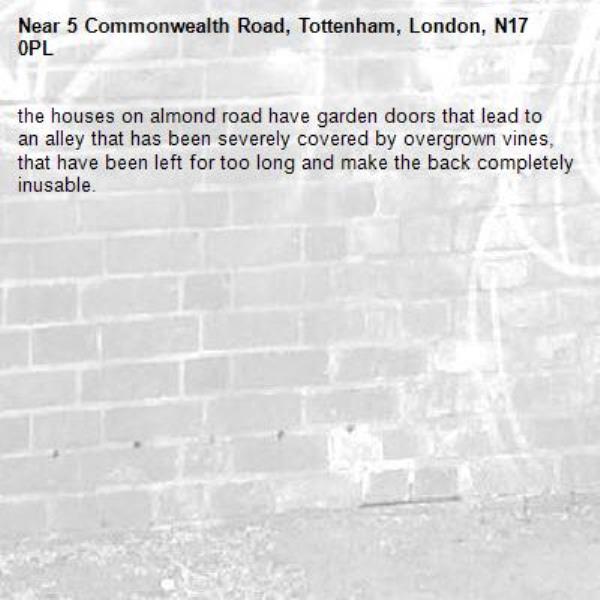 the houses on almond road have garden doors that lead to an alley that has been severely covered by overgrown vines, that have been left for too long and make the back completely inusable.-5 Commonwealth Road, Tottenham, London, N17 0PL