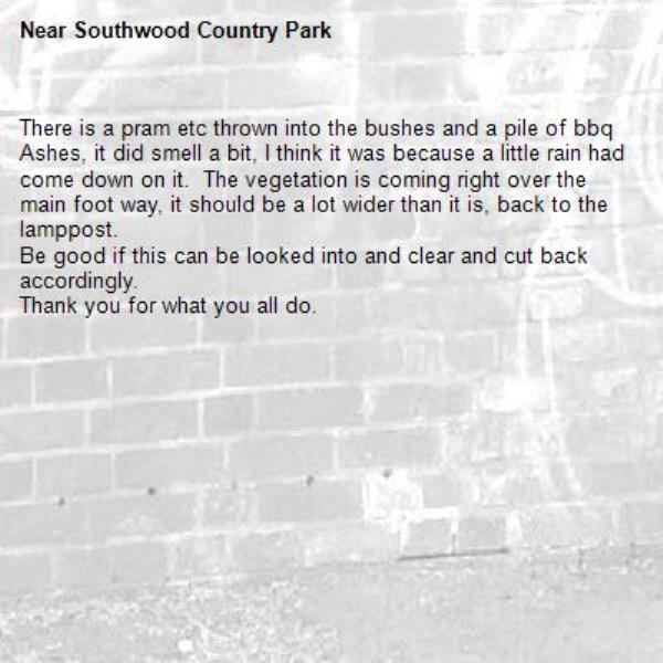 There is a pram etc thrown into the bushes and a pile of bbq Ashes, it did smell a bit, I think it was because a little rain had come down on it.  The vegetation is coming right over the main foot way, it should be a lot wider than it is, back to the lamppost.
Be good if this can be looked into and clear and cut back accordingly.
Thank you for what you all do.-Southwood Country Park