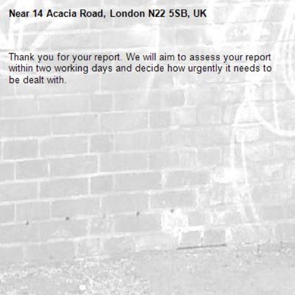 Thank you for your report. We will aim to assess your report within two working days and decide how urgently it needs to be dealt with.-14 Acacia Road, London N22 5SB, UK