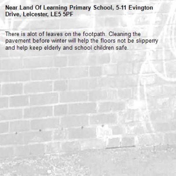There is alot of leaves on the footpath. Cleaning the pavement before winter will help the floors not be slipperry and help keep elderly and school children safe.-Land Of Learning Primary School, 5-11 Evington Drive, Leicester, LE5 5PF