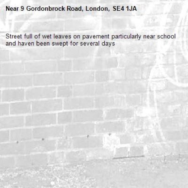 Street full of wet leaves on pavement particularly near school and haven been swept for several days-9 Gordonbrock Road, London, SE4 1JA