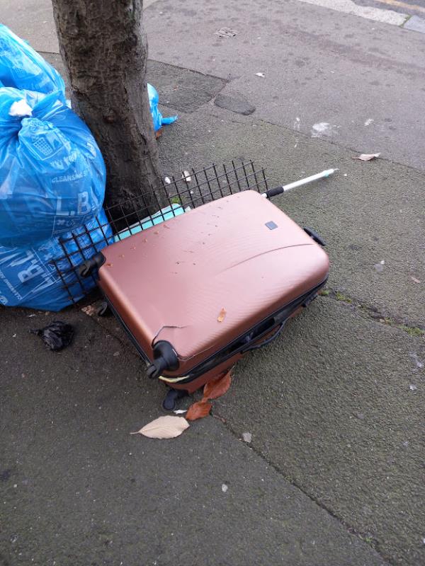 dumped suitcase and other item on corner of Holbeach Road and Thomas Lane, near to entrance and stairs for Milford Towers.-Holbeach Road