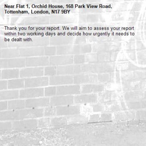 Thank you for your report. We will aim to assess your report within two working days and decide how urgently it needs to be dealt with.-Flat 1, Orchid House, 168 Park View Road, Tottenham, London, N17 9BY