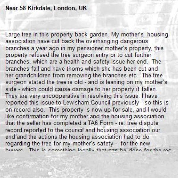 Large tree in this property back garden. My mother's  housing association have cut back the overhanging dangerous branches a year ago in my pensioner mother's property, this property refused the tree surgeon entry or to cut further branches, which are a health and safety issue her end.  The branches fall and have thorns which she has been cut and her grandchildren from removing the branches etc.  The tree surgeon stated the tree is old - and is leaning on my mother's side - which could cause damage to her property if fallen.  They are very uncooperative in resolving this issue. I have reported this issue to Lewisham Council previously - so this is on record also.  This property is now up for sale, and I would like confirmation for my mother and the housing association that the seller has completed a TA6 Form - re: tree dispute record reported to the council and housing association our end and the actions the housing association had to do regarding the tree for my mother's safety -  for the new buyers.  This is something legally that can be done for the records for the new buyer.  I have contacted the estate agent on my pensioner mother's behalf to inform them of the tree and whether a TA6 form has been done for the new buyer - no response todate.  We are also sending a copy of this issue to the estate agent for their action/and informaiton etc.-58 Kirkdale, London, UK
