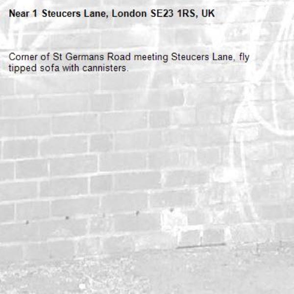 Corner of St Germans Road meeting Steucers Lane, fly tipped sofa with cannisters.-1 Steucers Lane, London SE23 1RS, UK