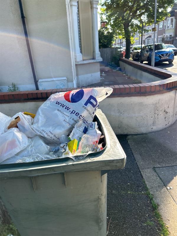 Broken wheels bin full of rubbish and also the front of boarded up empty house also still has urine in bottles and nappies on ground. This is an empty house owned by L&Q-46 Woodhouse Grove, Manor Park, London, E12 6SR